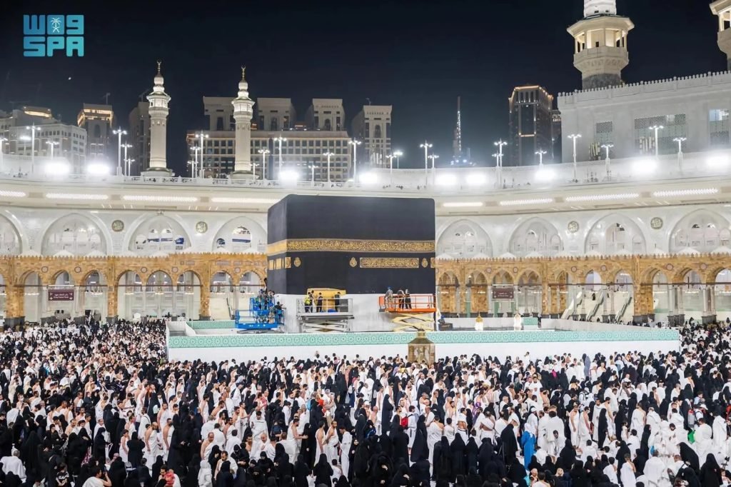Lower Section of Kaaba’s Kiswa Raised in Preparation for Hajj 1447 AH